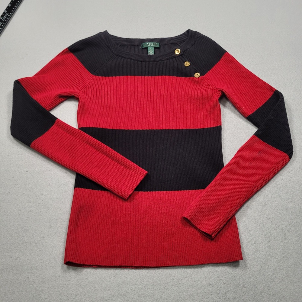 Lauren Ralph Lauren Red Black Striped Ribbed Knit Button Shoulder Sweater Medium